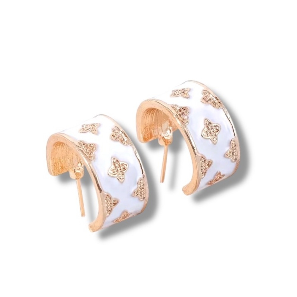 Gold & White Huggie Earrings - Picture 1 of 2